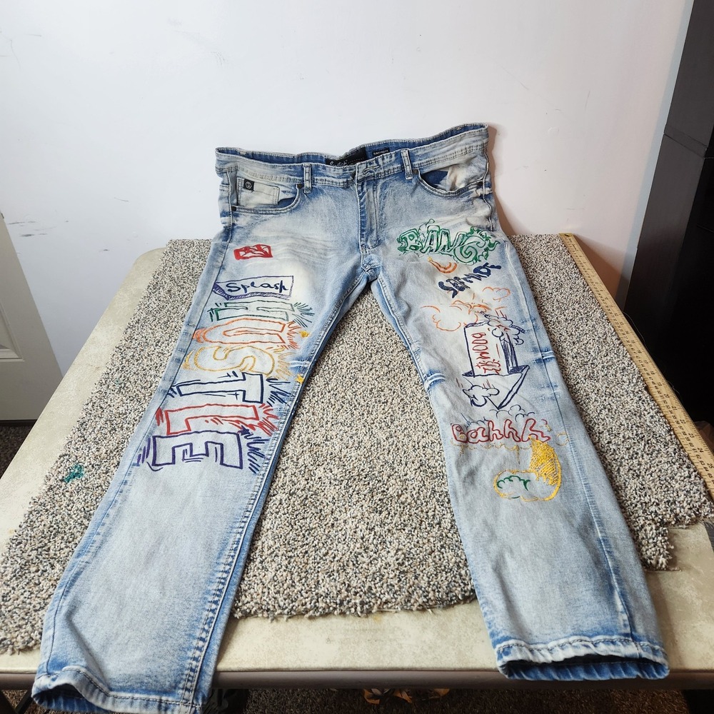 Switch Remarkable Mens 38x30 Slim Taper‎ Graffiti Embroidered Light Wash Jeans